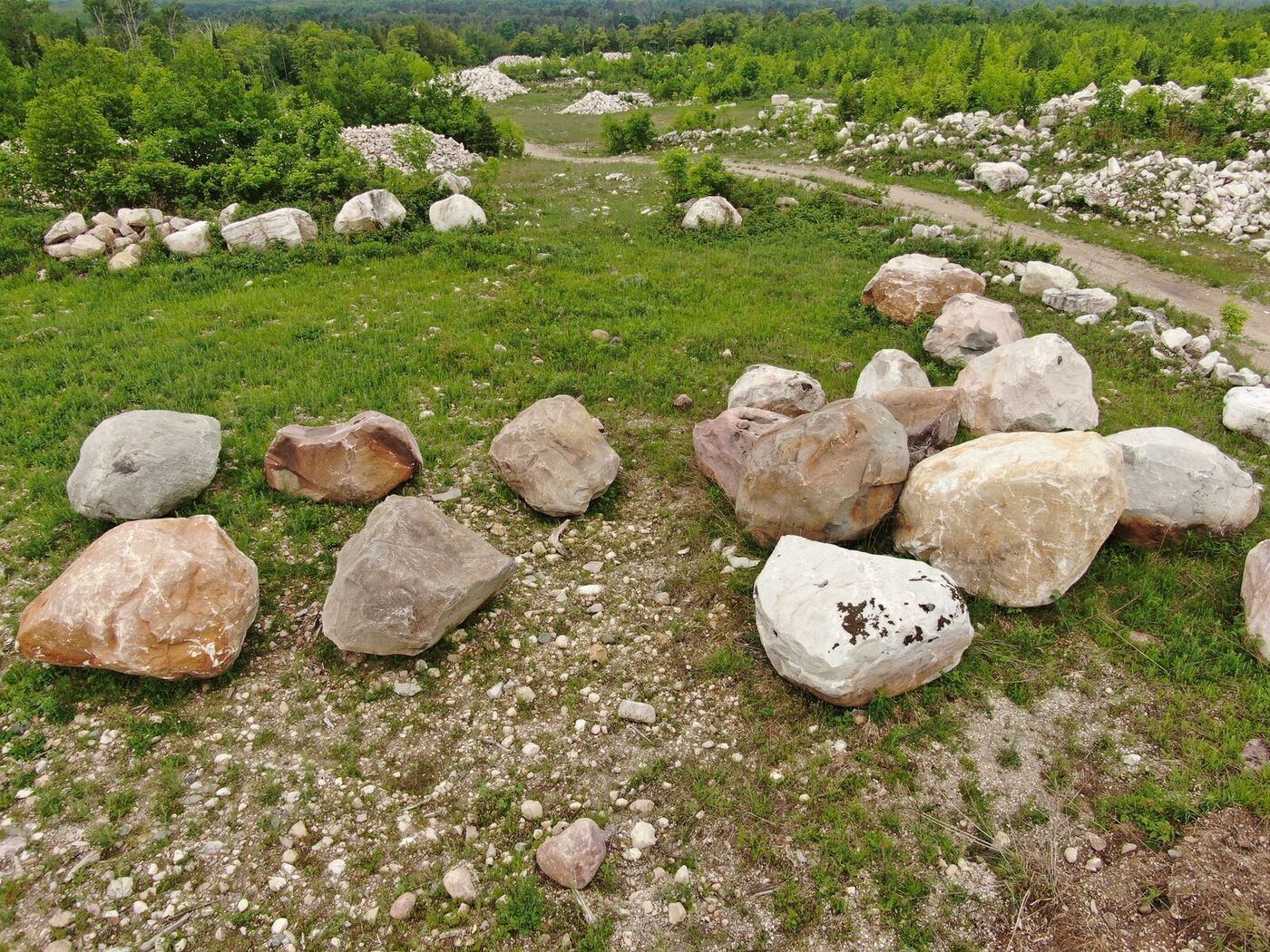 Scattered large character boulders in a grass field