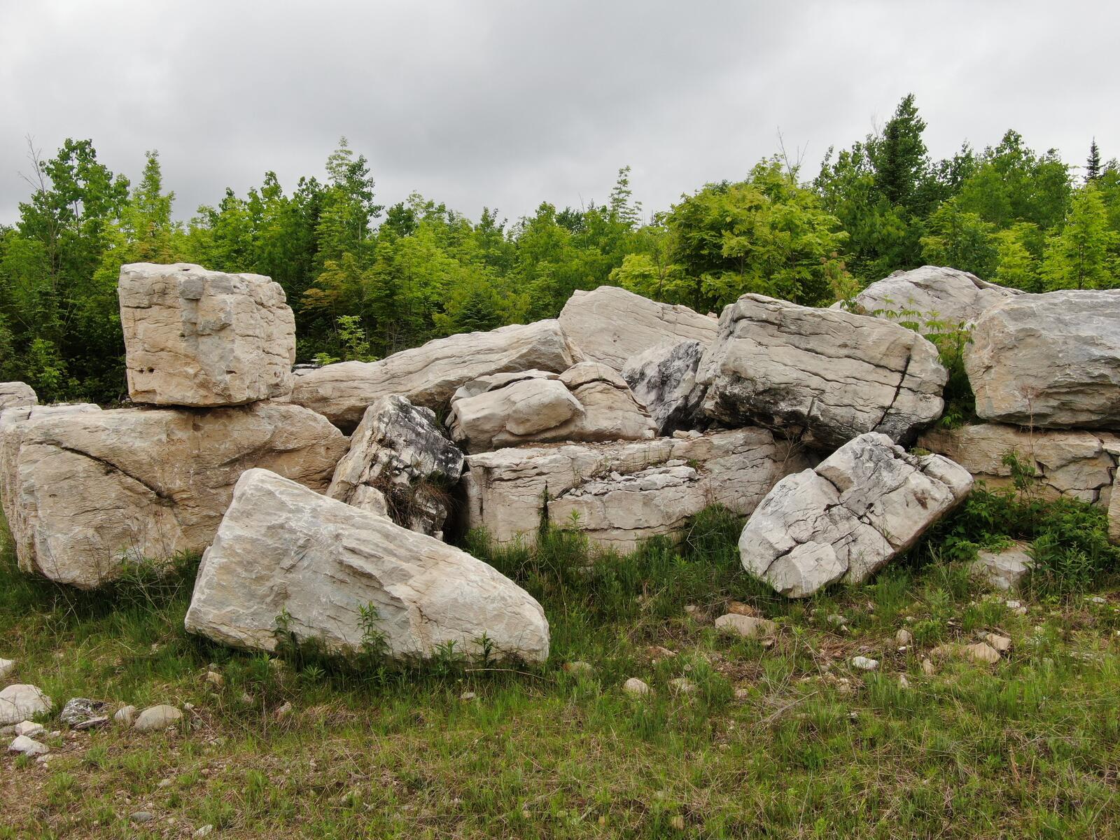 Large rectangular limestone blocks staged in field
